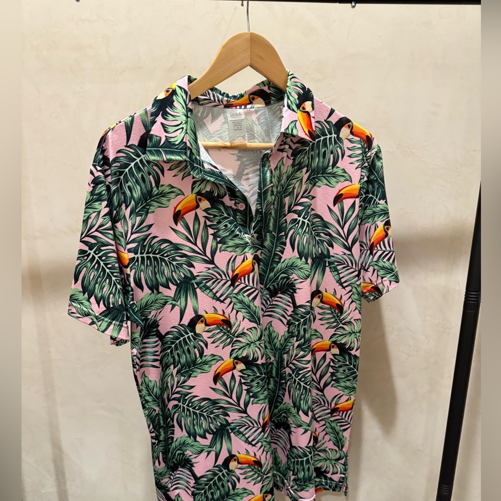 Tropical Print Pink Golf Shirt. Size M